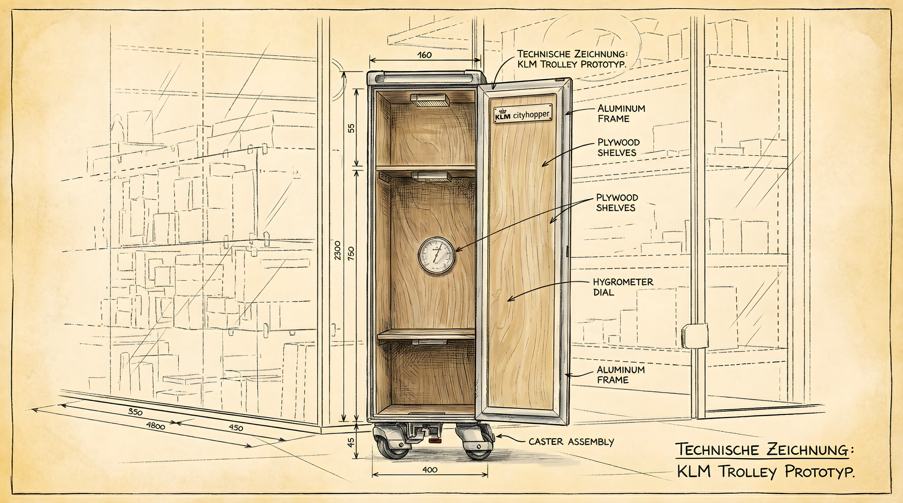 Flugzeugtrolley Humidor Skizze KLM Cityhopper